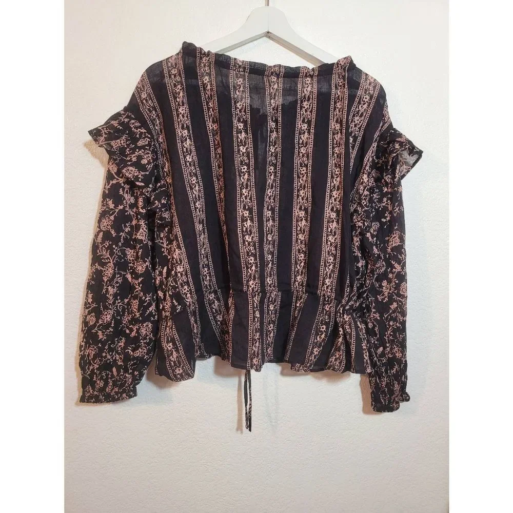 Free People Floral Peplum Blouse Ruffled Sleeves Size XS TP Black Tan - Picture 4 of 5